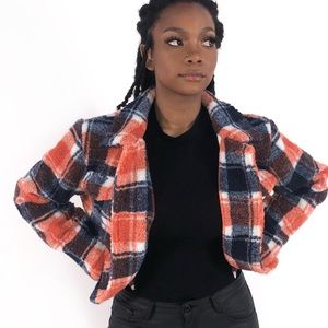 NWT Blue and Orange Plaid Button Up Sherpa Coat